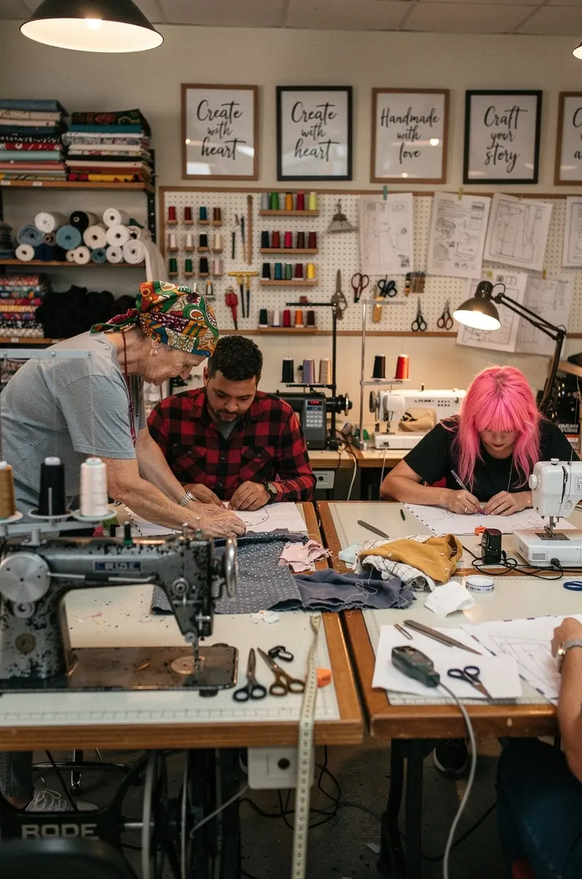 Diverse crafters collaborating in a shared workspace.
